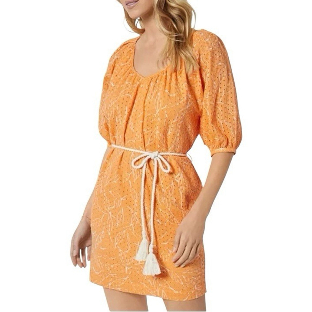 Joie Tillman Eyelet Dress Sz S Orange Mini Short Cotton Prairie Cabin Belt EUC